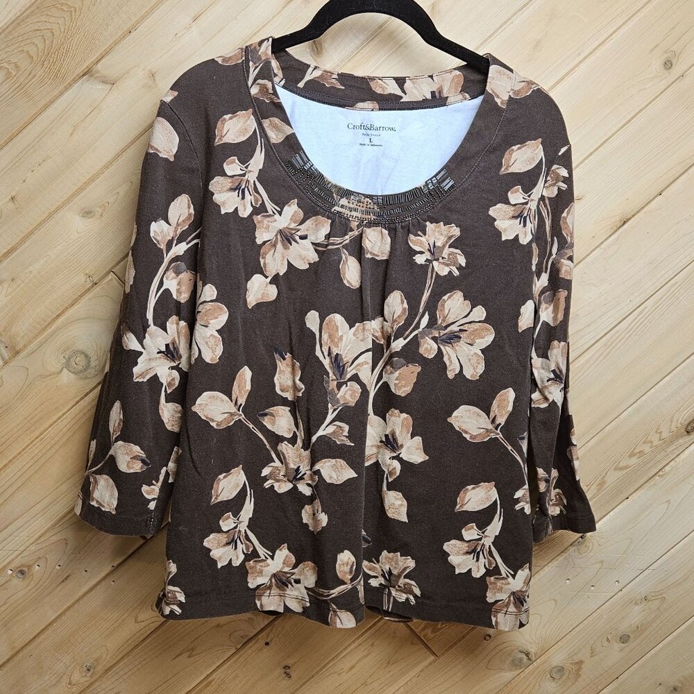 Floral Brown 3/4 Sleeve Croft & Barrow Petite Stretch Top L 96% Cotton 4% Spande
